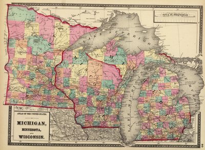 1872 Map of the States of Minnesota, Wisconsin, and Michigan by H. F.; Gray Walling
